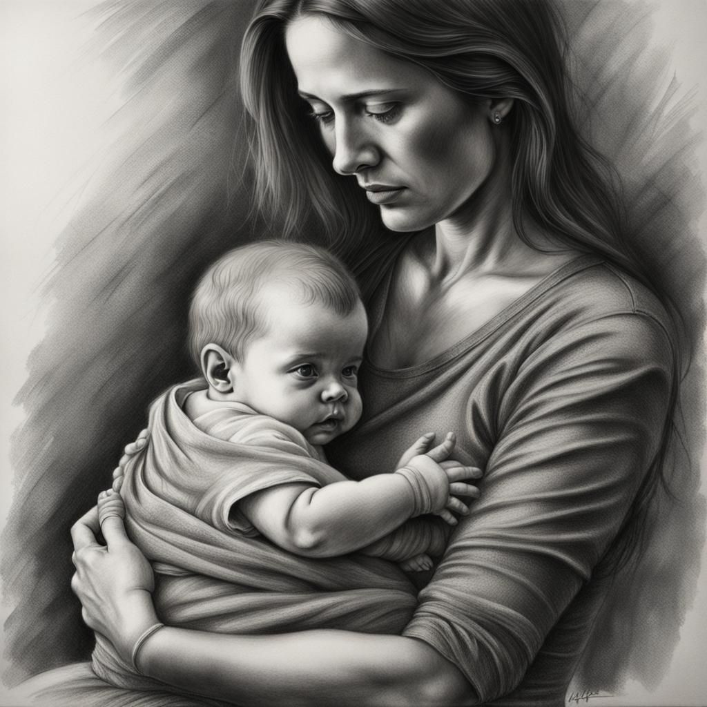 Mother and Baby Portrait in Charcoal