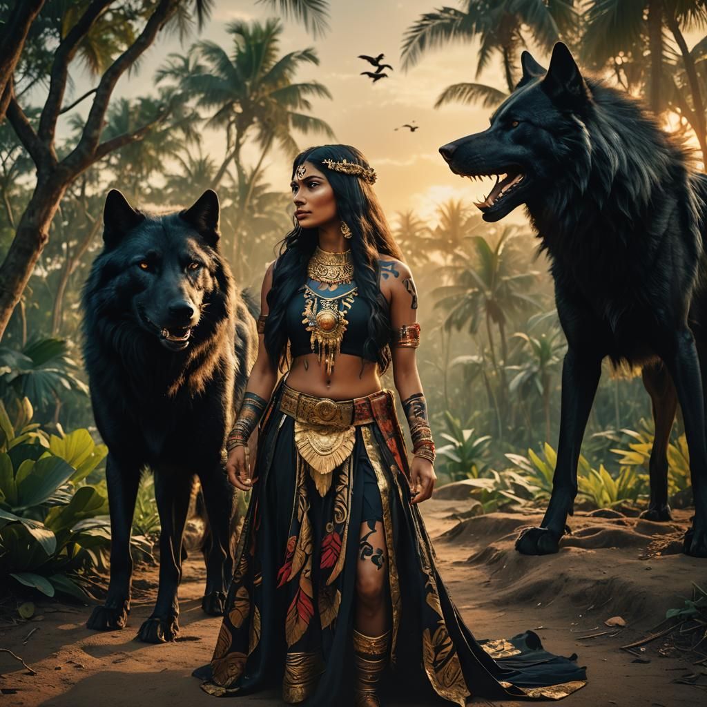 Amazonian Woman with Wolf in Cinematic Style