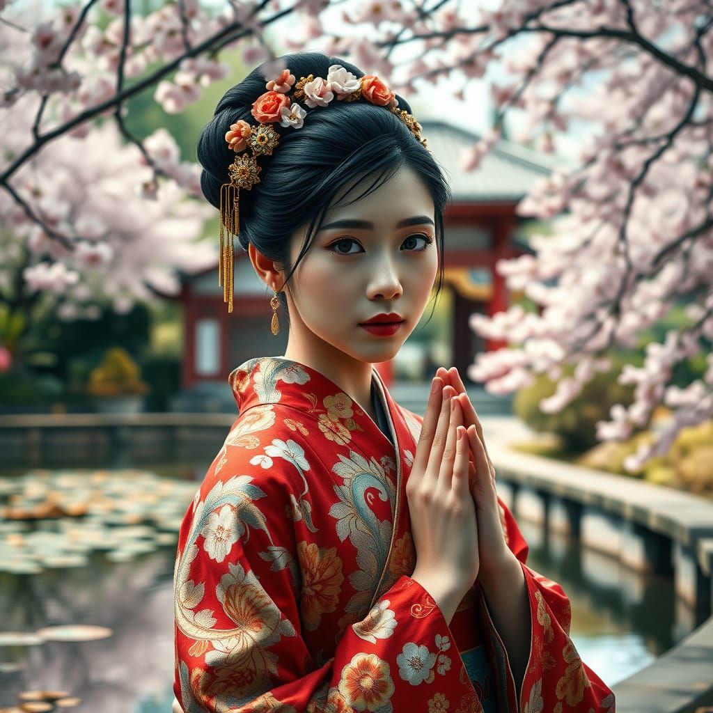 Serene Japanese Woman in Traditional Kimono