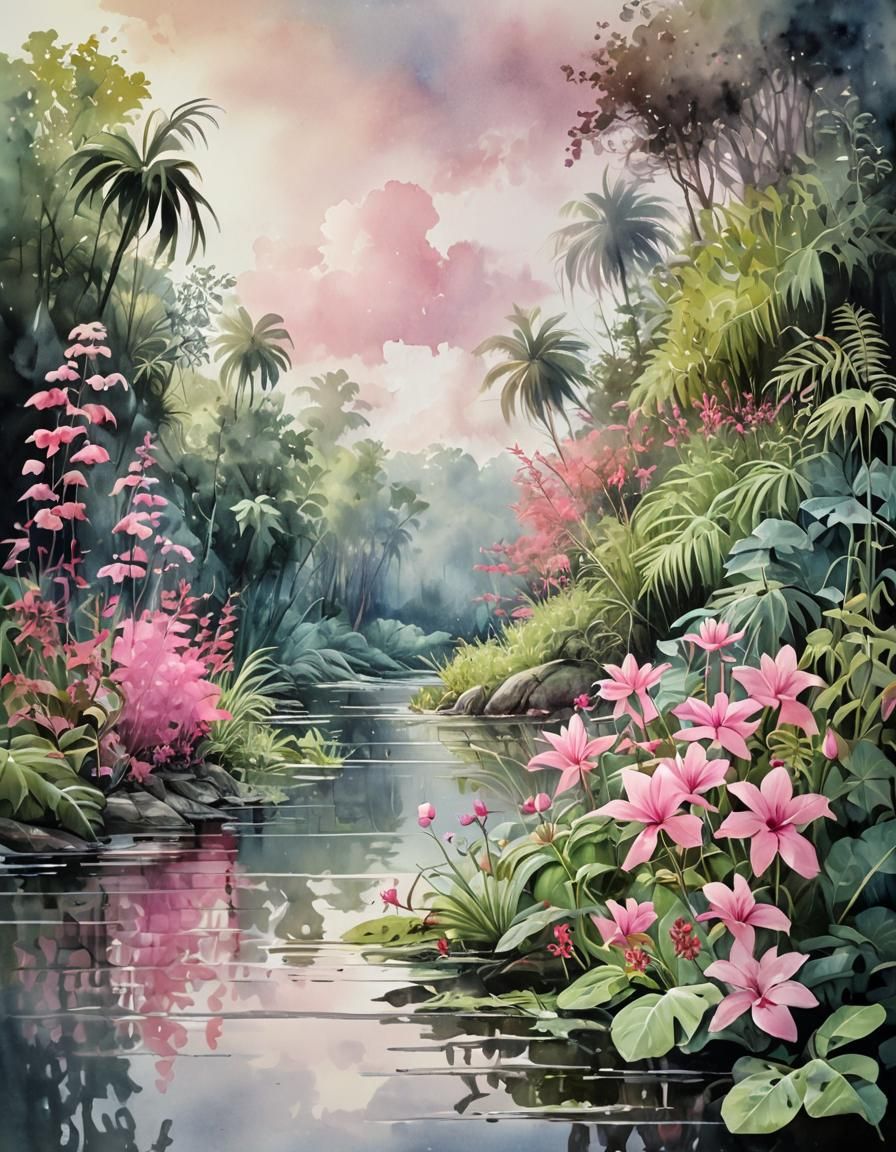 Pink Jungle Riverbank in Watercolor Style