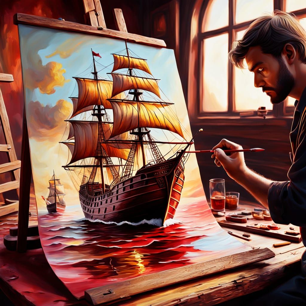 Surreal Wooden Ship in Glass: Oil Painting
