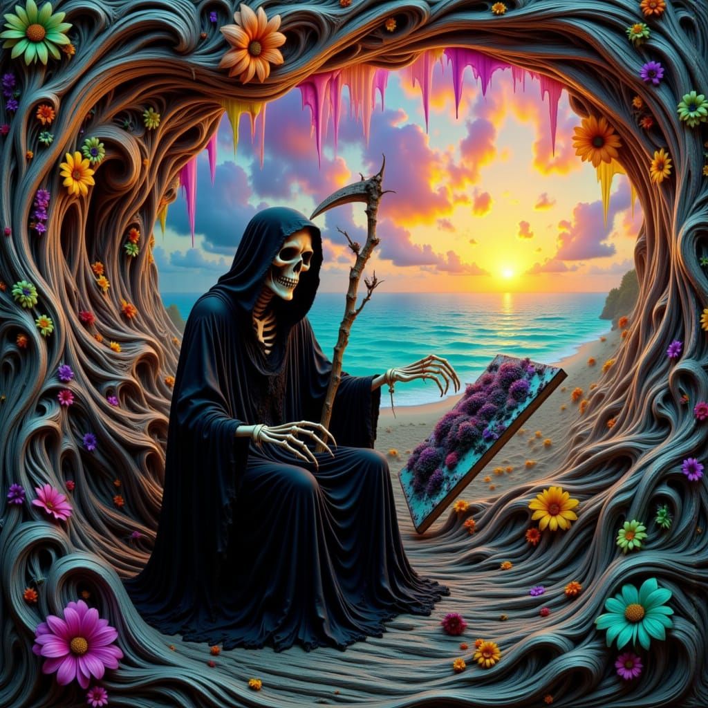 Whimsical Grim Reaper in Artistic Pursuit Amidst a Weathered...