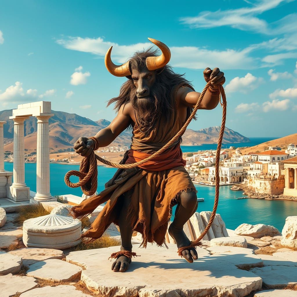 Majestic Minotaur Leaps Rope Amidst Ancient Greek Ruins in B...