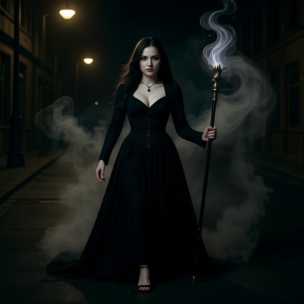 Mysterious Woman Glides Through Misty Streets on Cloud