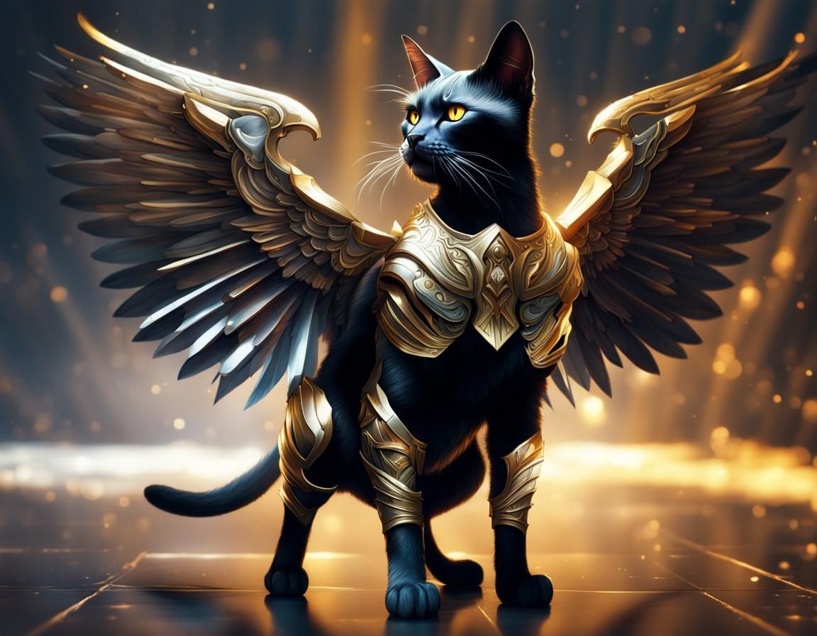 Armored Mystical Cat with Wings: Hyperrealistic Concept Art