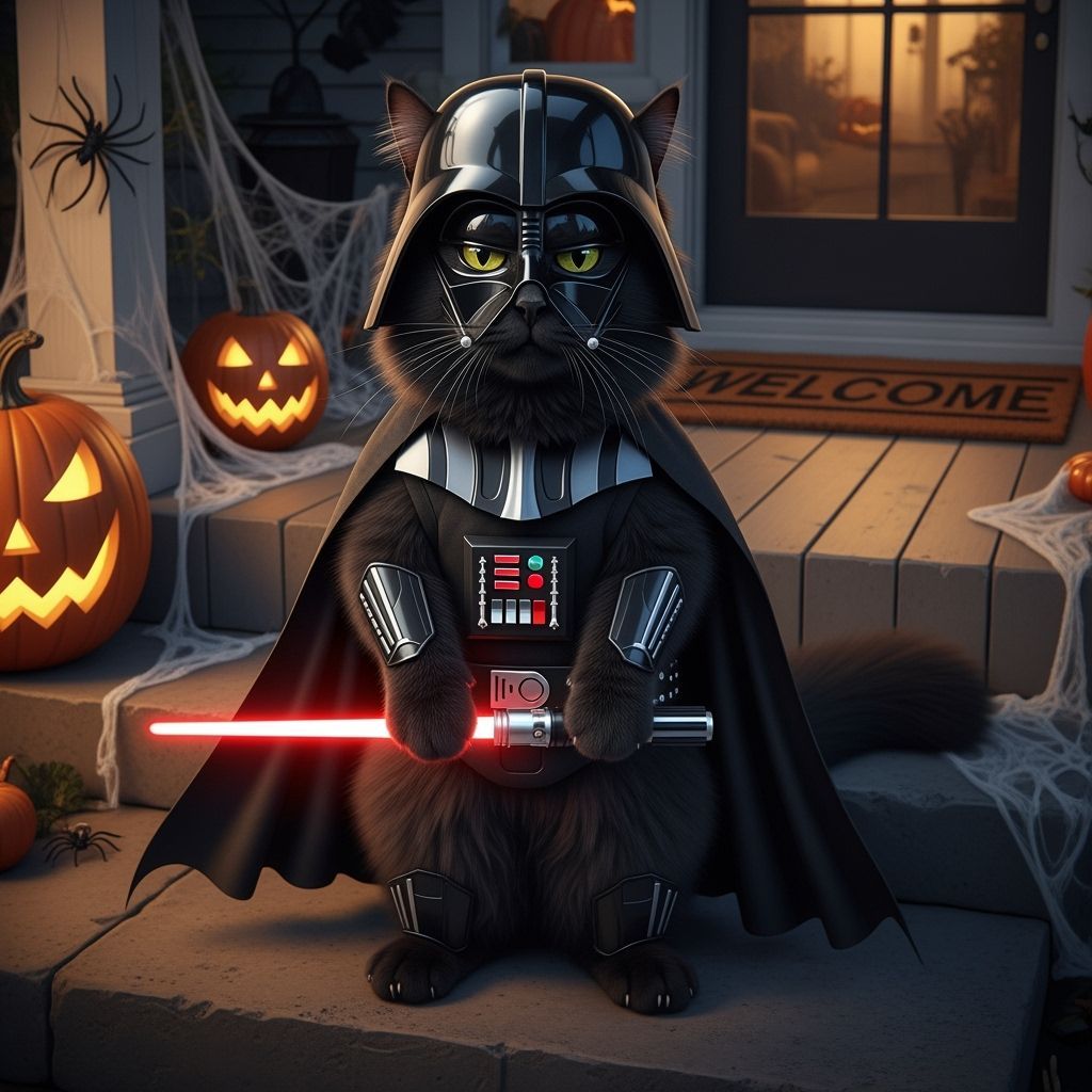 Fluffy Cat in Darth Vader Costume Holding Lightsaber