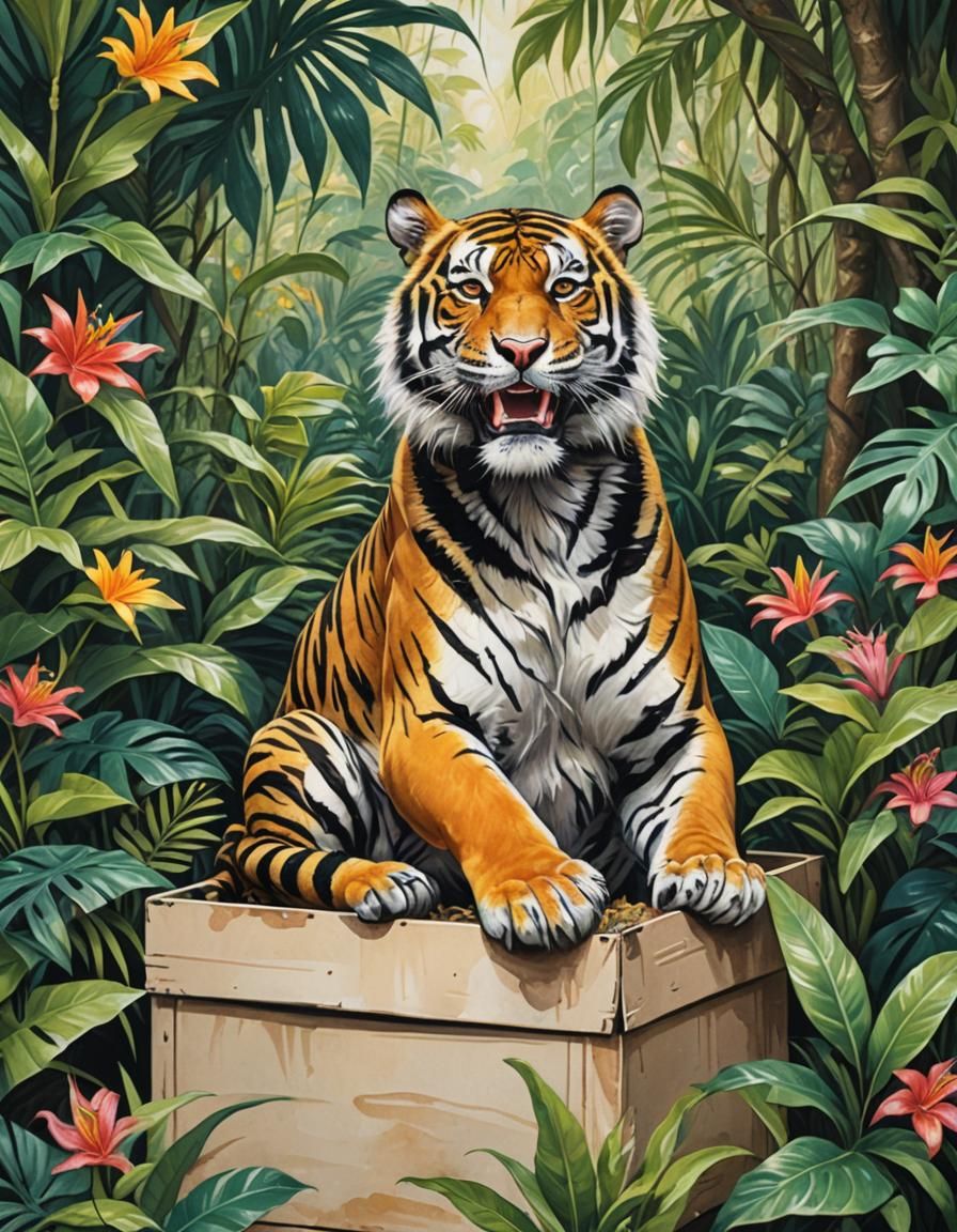 Laughing Tiger in a Box: Gouache Painting