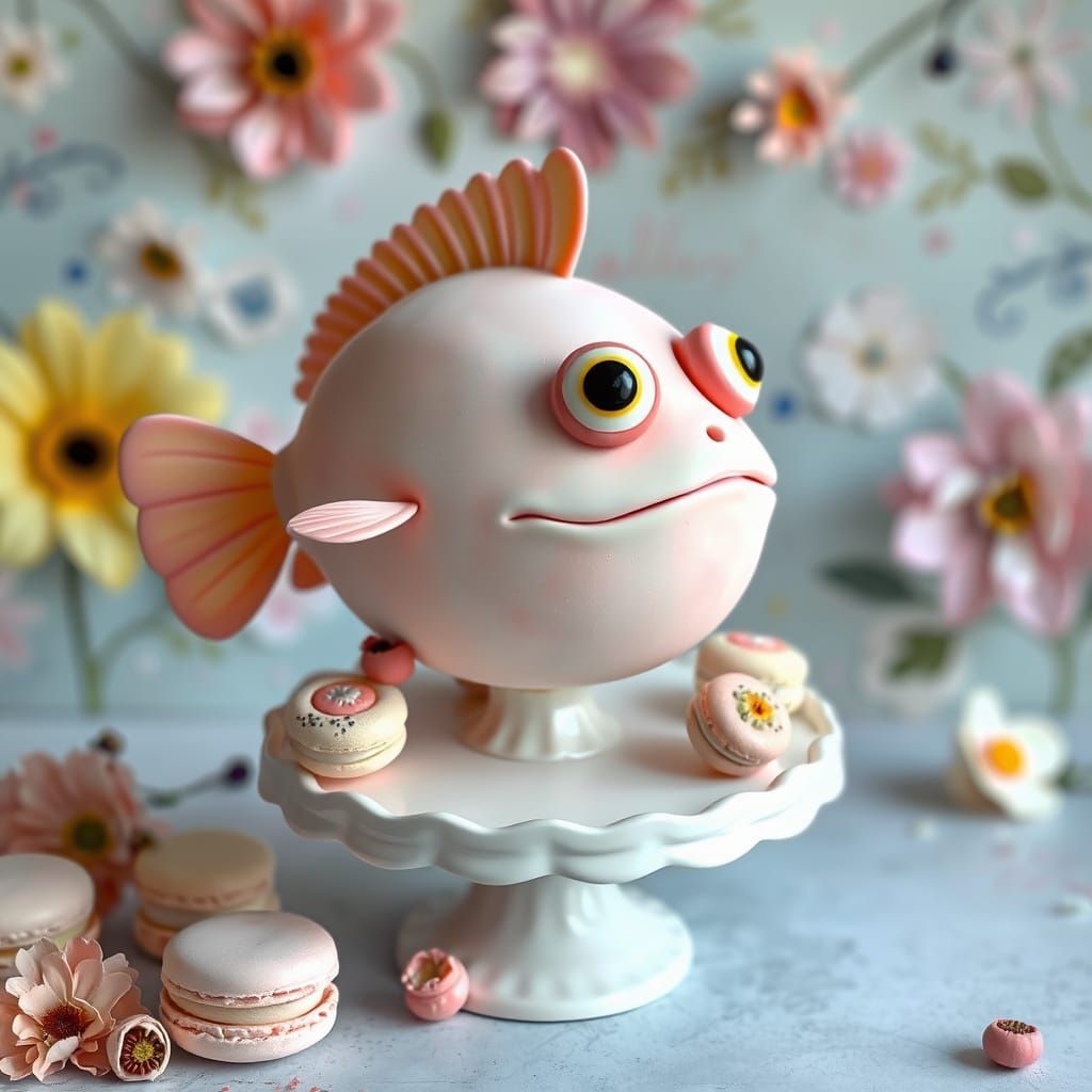 Vibrant Pufferfish Cake in Whimsical Artistic Style