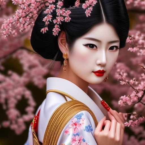 Japanese Woman in Kimono Under Cherry Blossoms