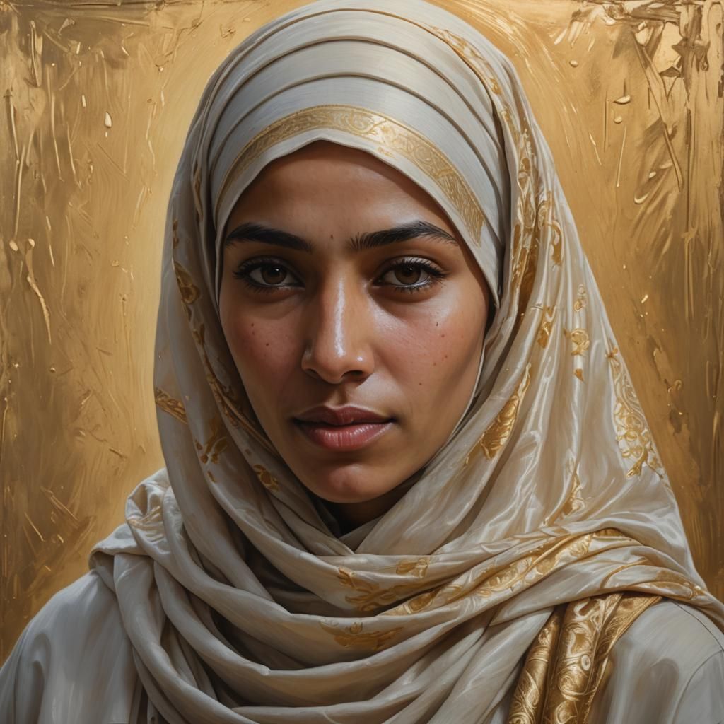 Woman in Hijab Bathed in Golden Light, Oil Painting