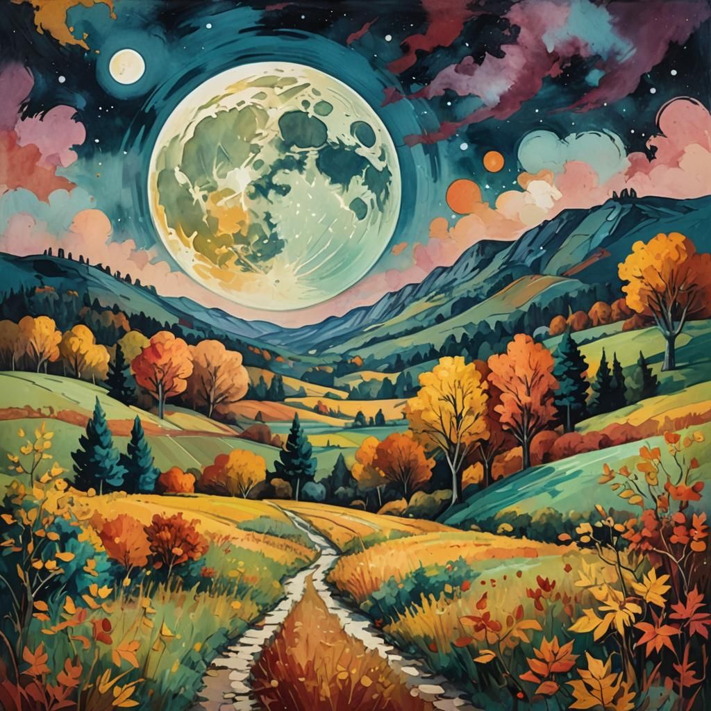 Surreal Moon Over Autumn Landscape in Gouache Style