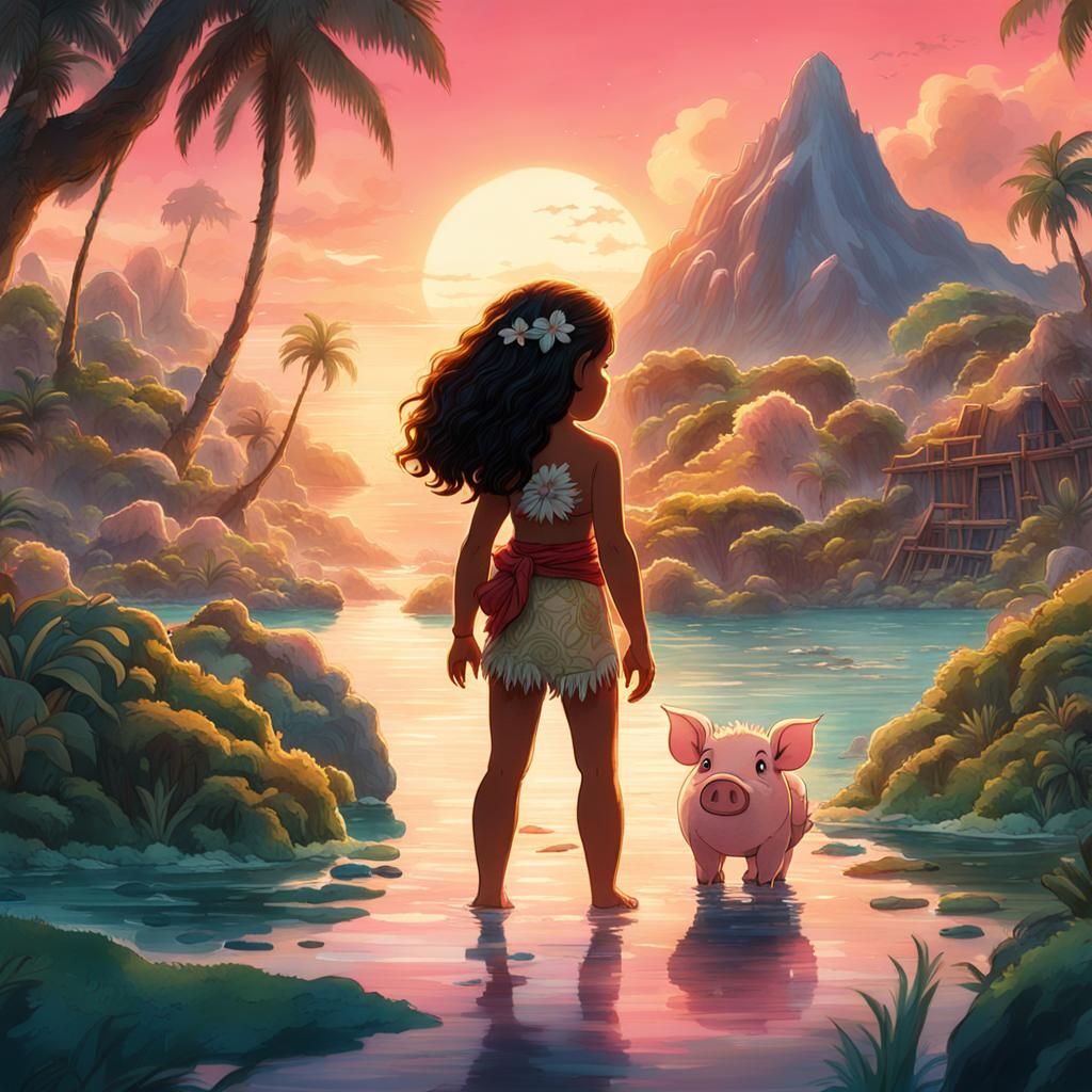 Moana and Pua in Luminous Watercolor Style
