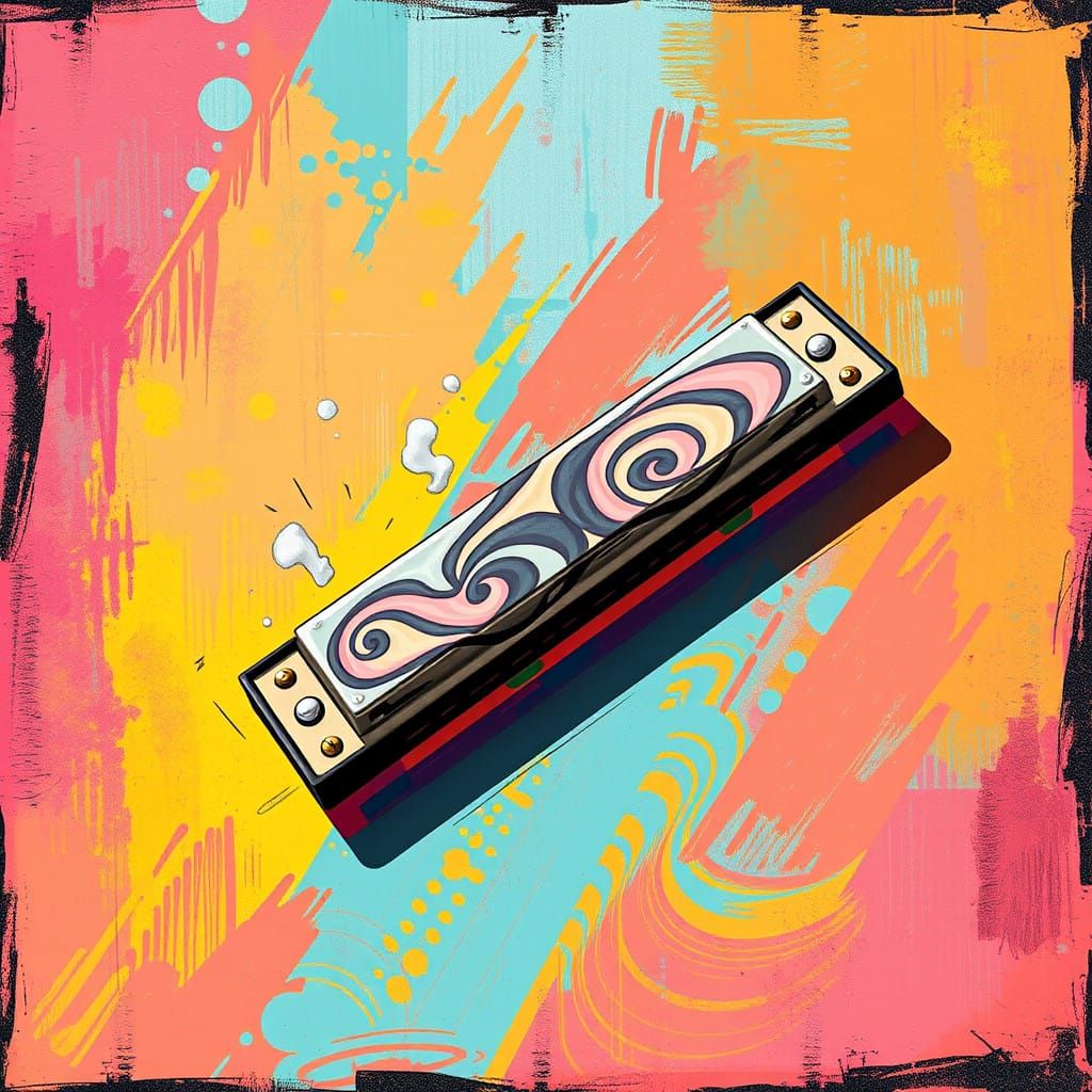 Vibrant Harmonica in Whimsical Street Art Style