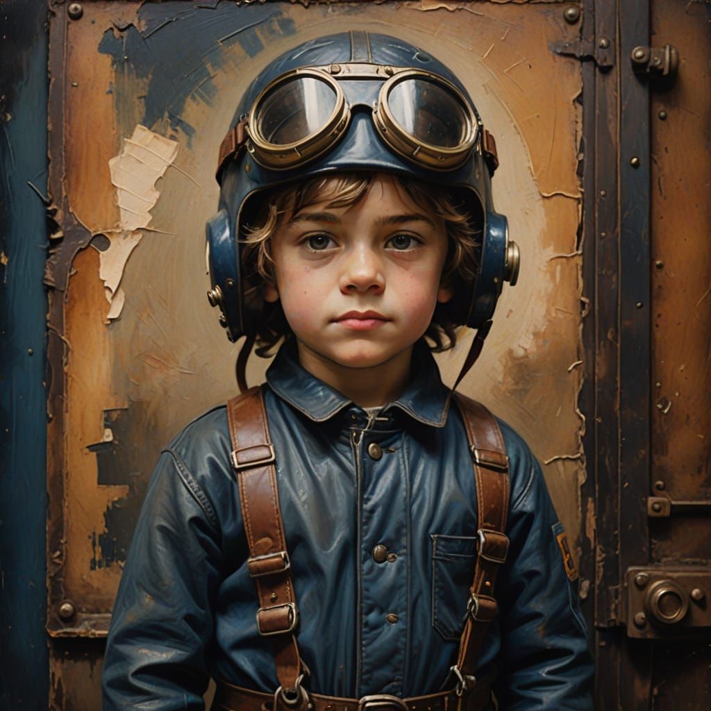 Child in Aviator Helmet: Vintage Oil Painting