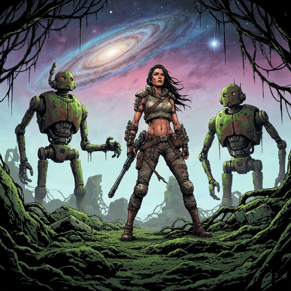 Warrior Woman in Ruined City Under Cosmic Sky