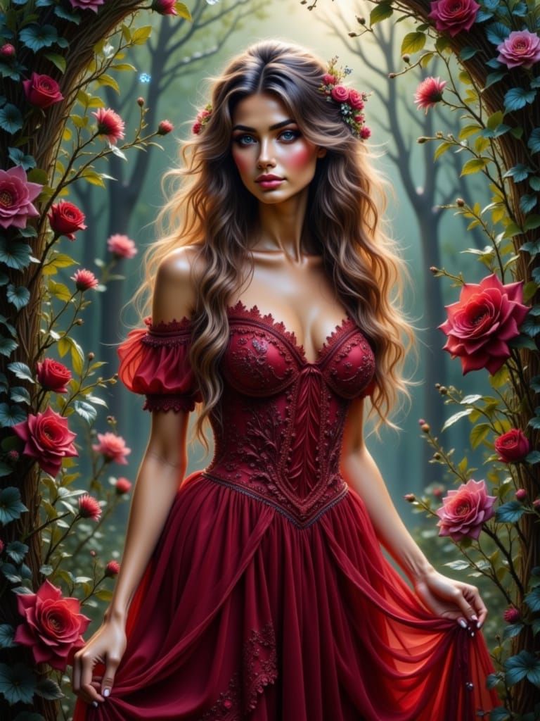 Enchanting Woman in Red Gown in Moonlit Garden