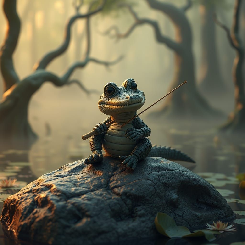Young Crocodile Fishing in Mystical Swamp, Hyper-Realistic S...