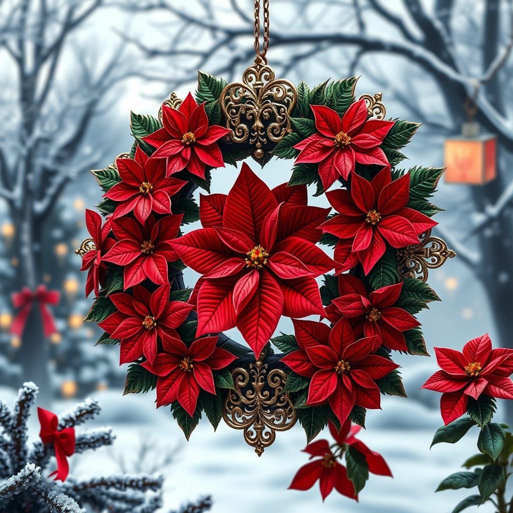 Hyperrealistic Poinsettia Christmas Wreath in Vibrant HDR