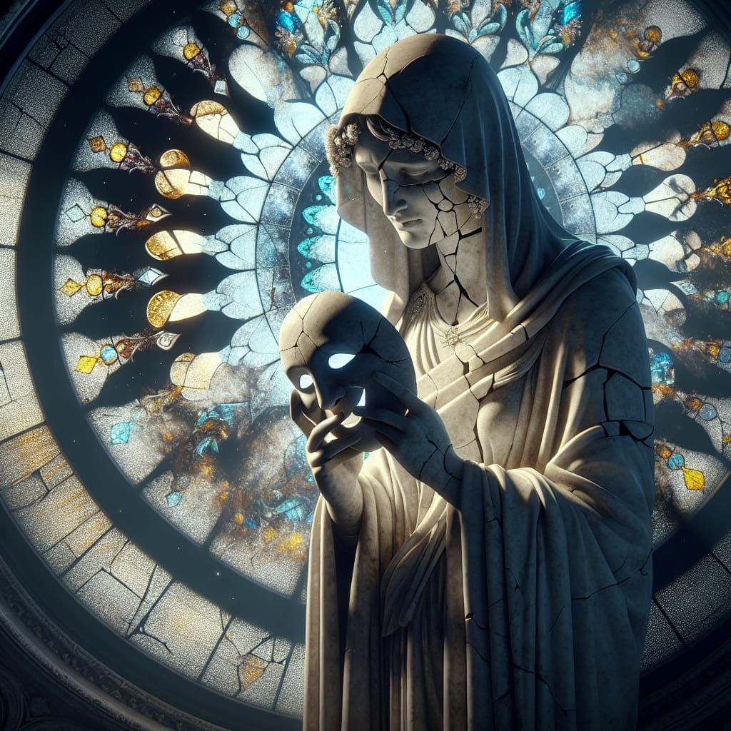 Sorrowful Woman Sculpture with Cheerful Mask