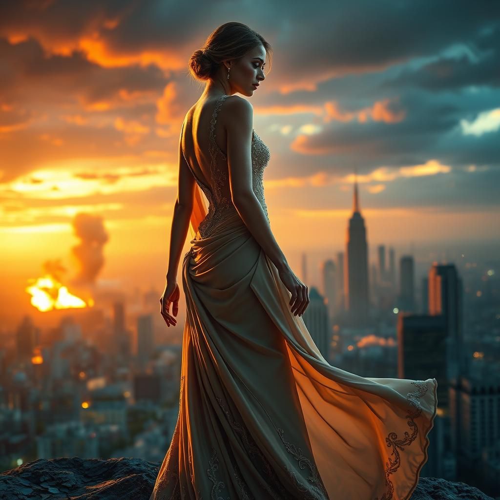 High-Fashion Woman Amidst Apocalyptic Cityscape