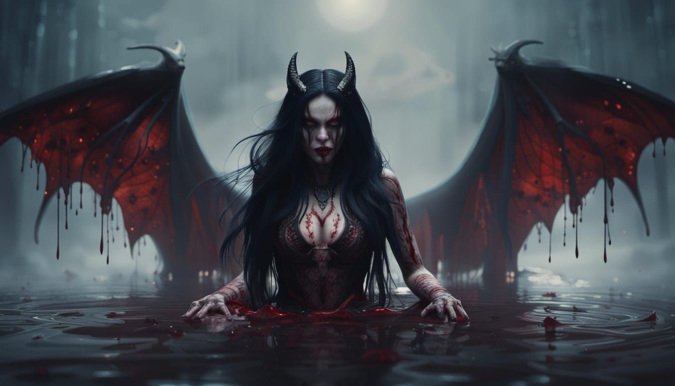 Demonic Beauty in Blood Pool: Dark Fantasy Art