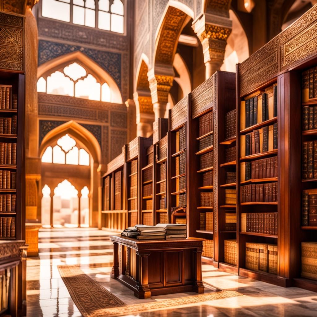 Ancient Arabic Library with Open Books