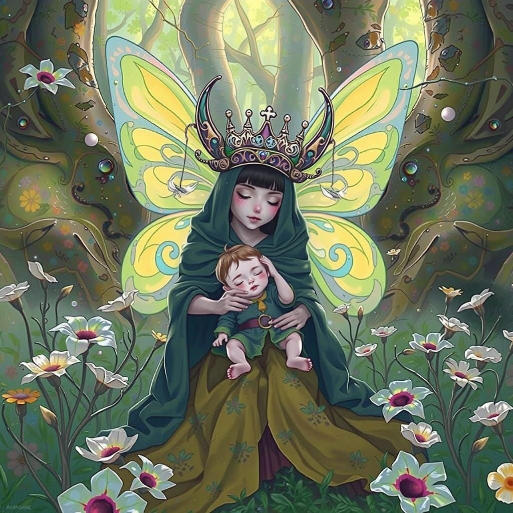Fairy Queen Lulls Child to Sleep in Enchanted Forest