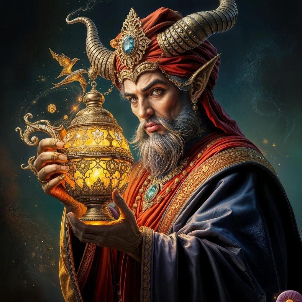 Detailed Djinn with Magic Lamp in Splash Art Style