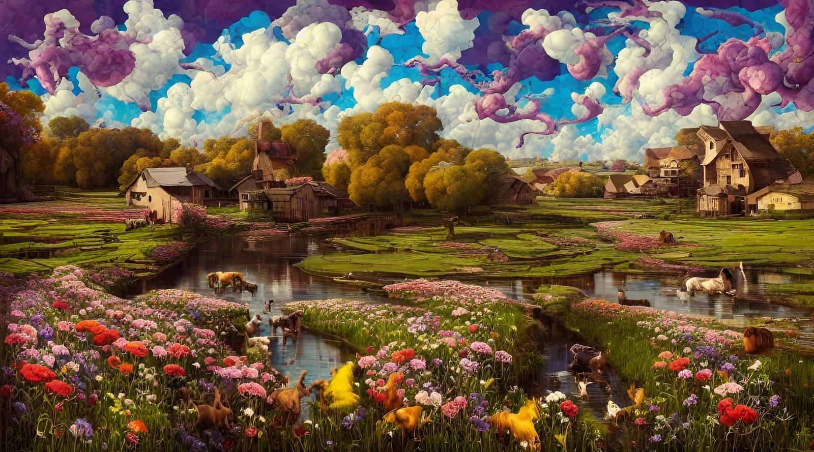 Flowery Countryscape with Mills, Patchwork Style