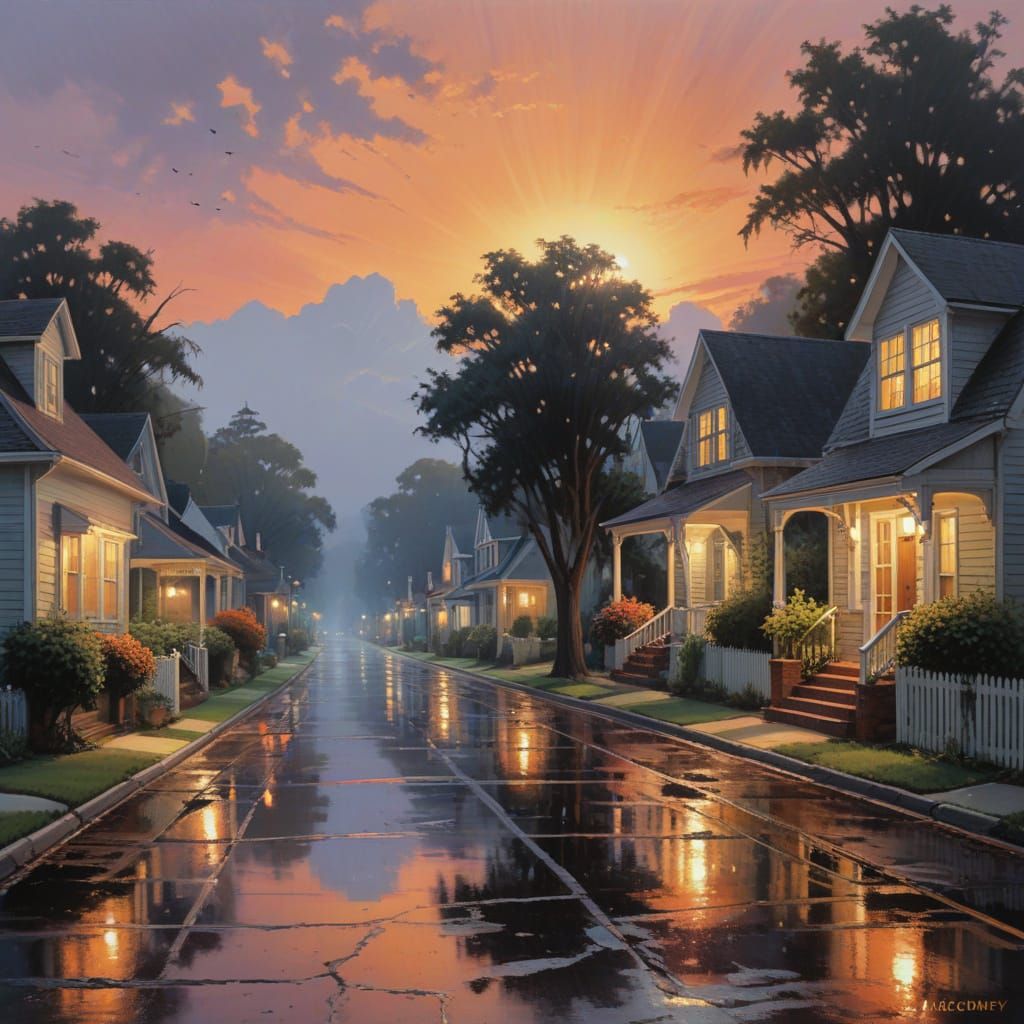 Surreal Dawn in a Serene Suburban Landscape, in a Whimsical ...