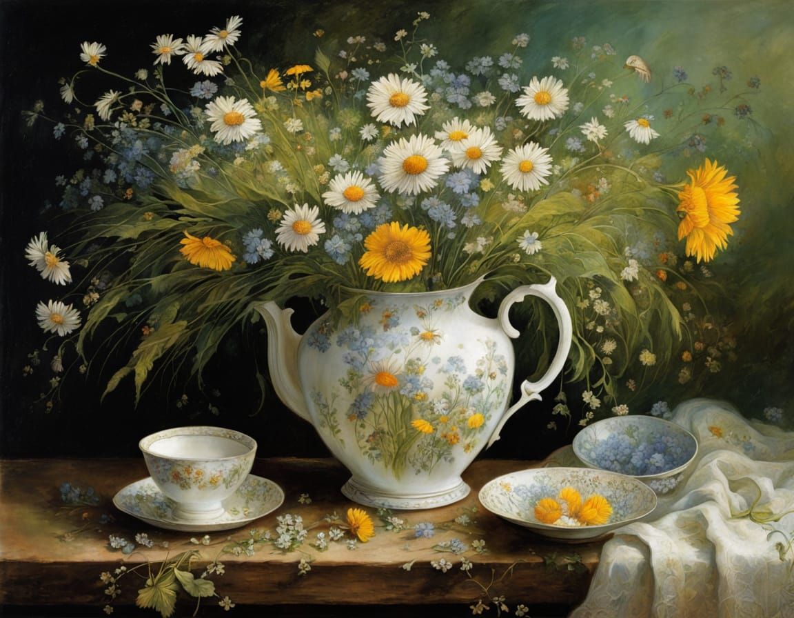 Whimsical Meadow Blooms in Chipped Cup, an Intricate Still L...