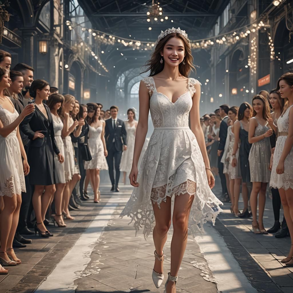 Woman in See-Through Lace Dress on Catwalk