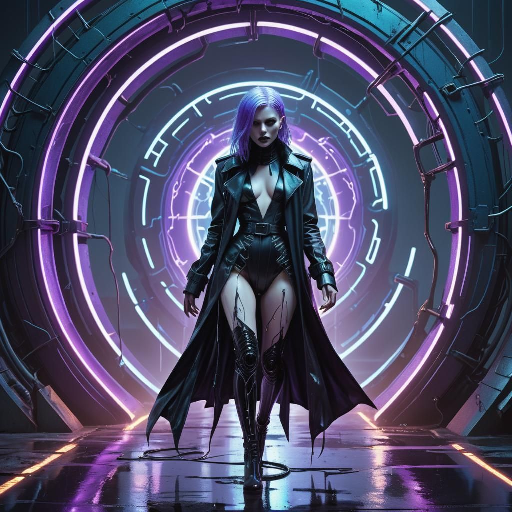 Cyberpunk Witch Walks Through Electric Portal