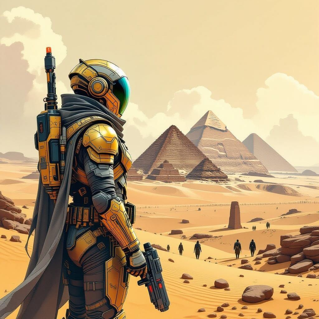 Futuristic Explorer Discovers Giza in Desolate Desert