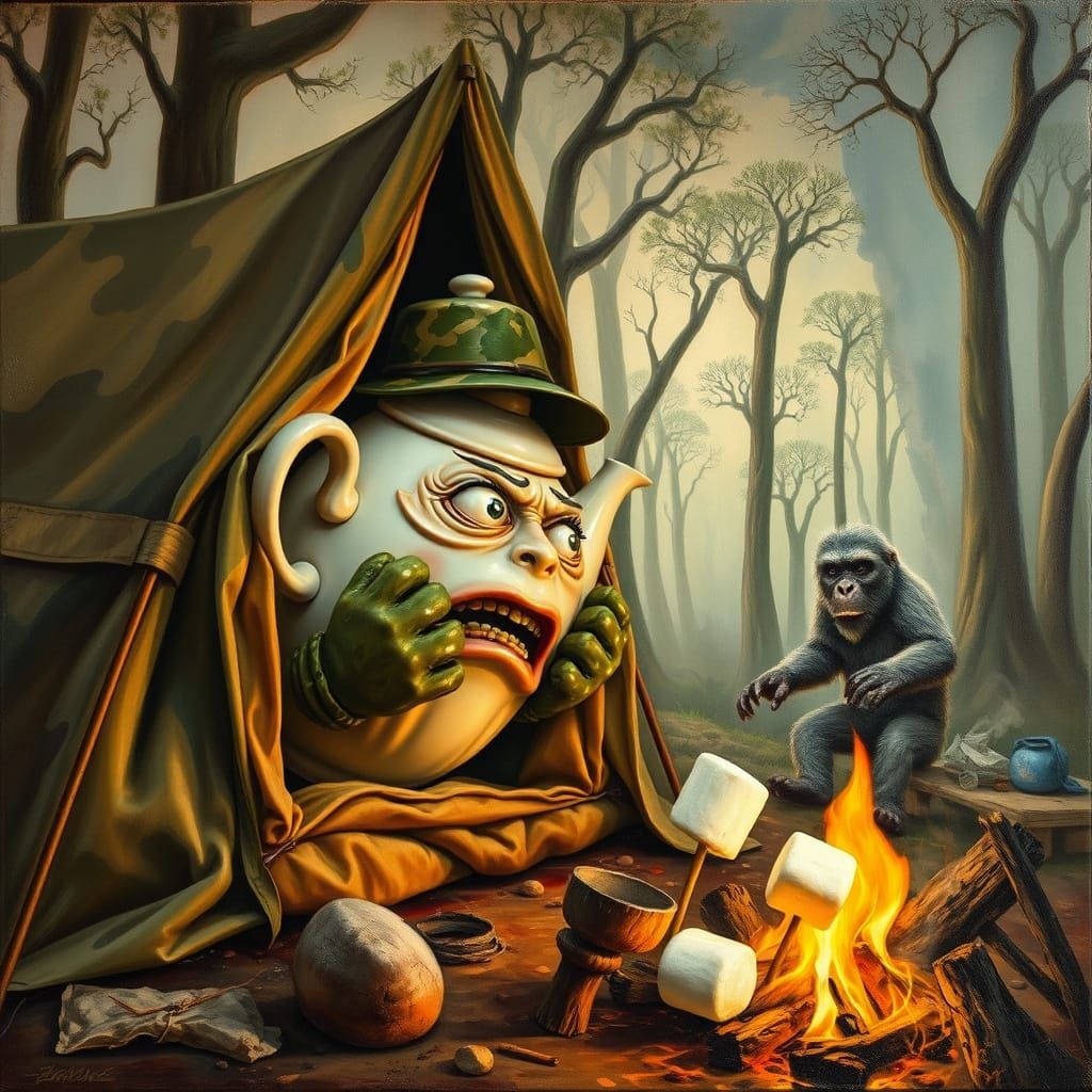 Terrified Teapot's Camping Nightmare: A Surrealist Vision