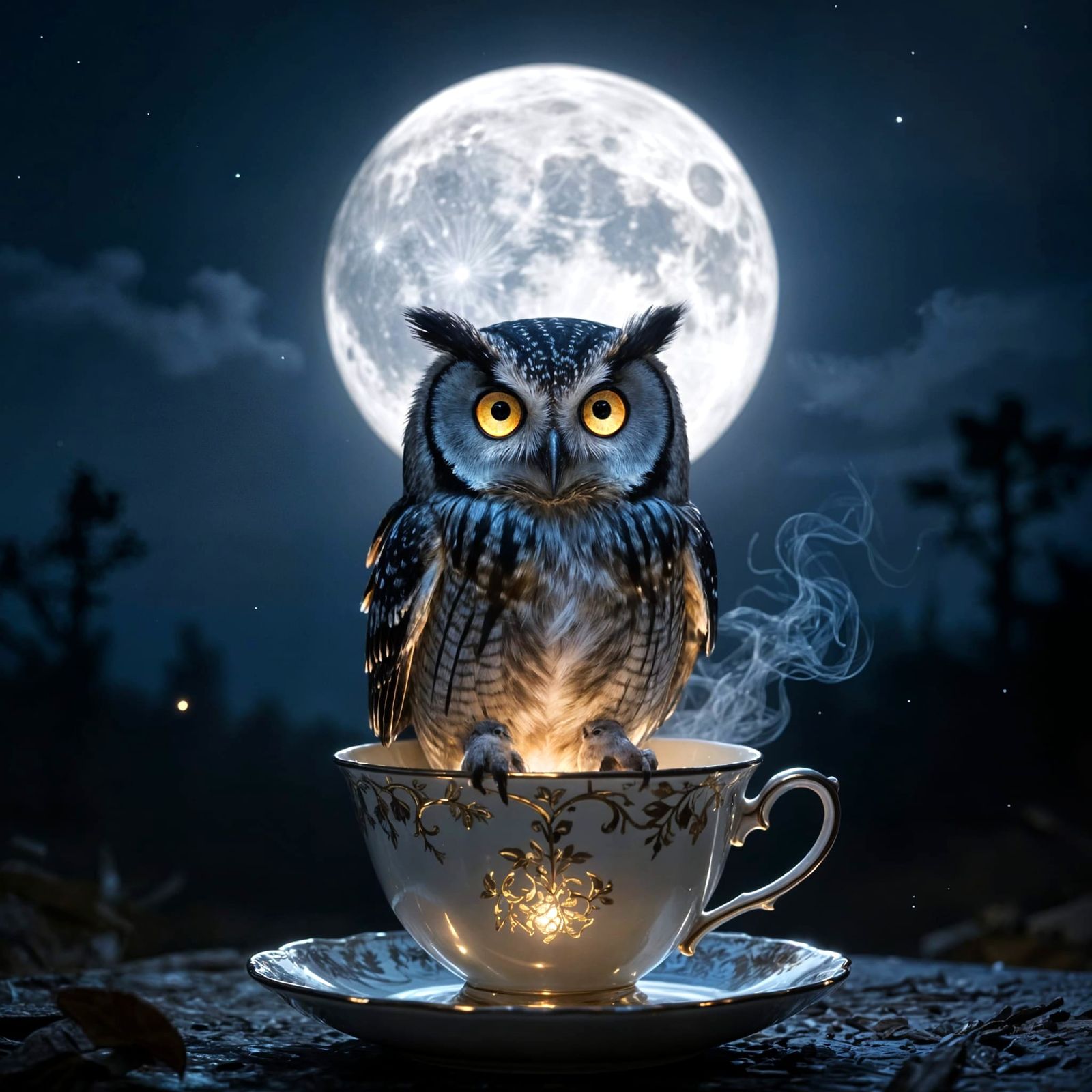 Owl in Teacup Under Full Moon Night Sky