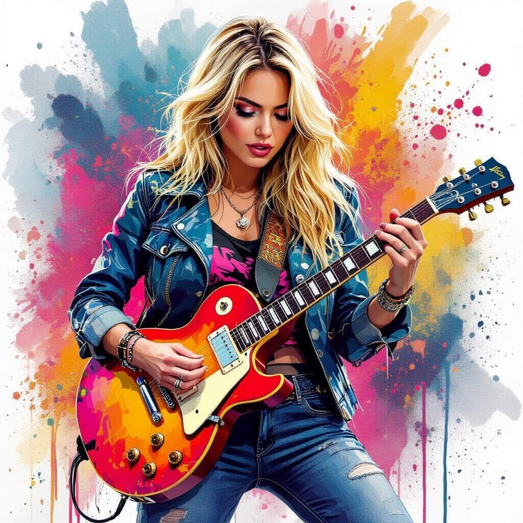 Blonde Rocker Girl Playing Electric Guitar in Graffiti Style