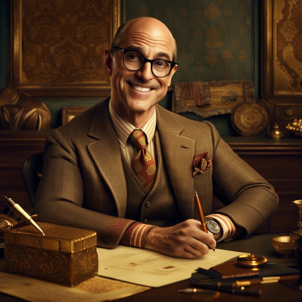 Elegant Man in Tweed Holding Gold Pen: Matte Painting