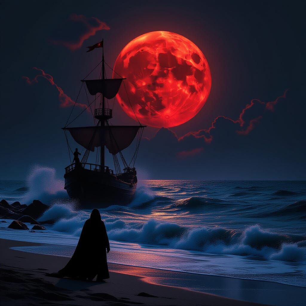 Menacing Presence in Devil's Sea Under Blood Moon
