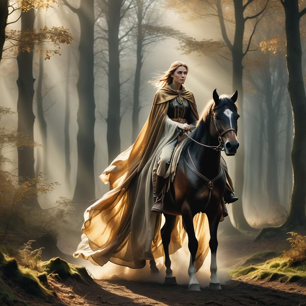 Woman on Horseback in Misty Woodland: Hyperrealistic