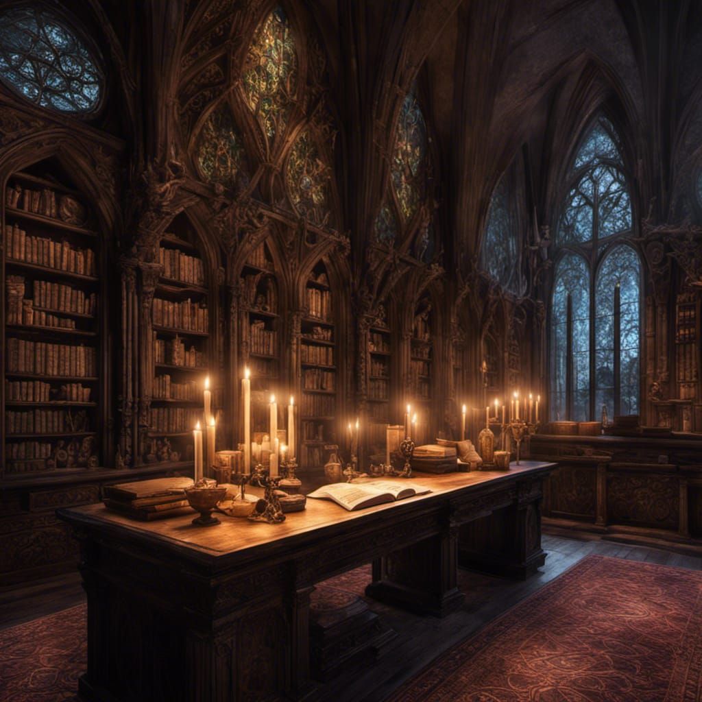 Mystical Library with Magical Artifacts in Gothic Style