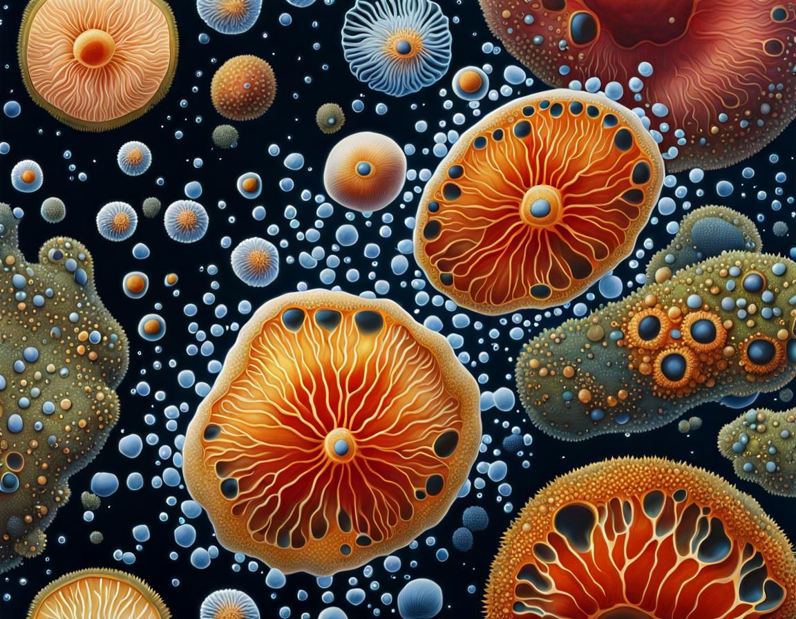 Amoebas Scientific Illustration in Gouache Style