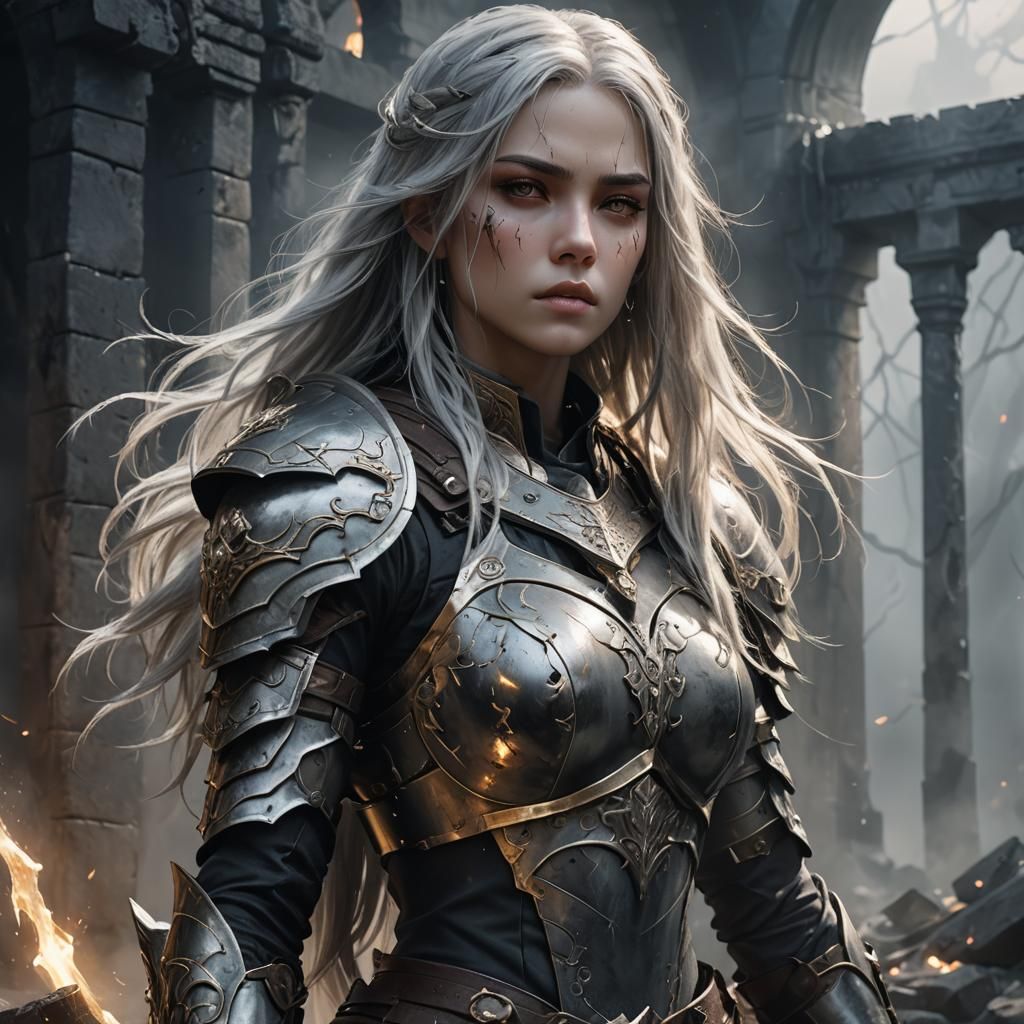 Female Warrior in Misty Ruins: 3D Anime Art