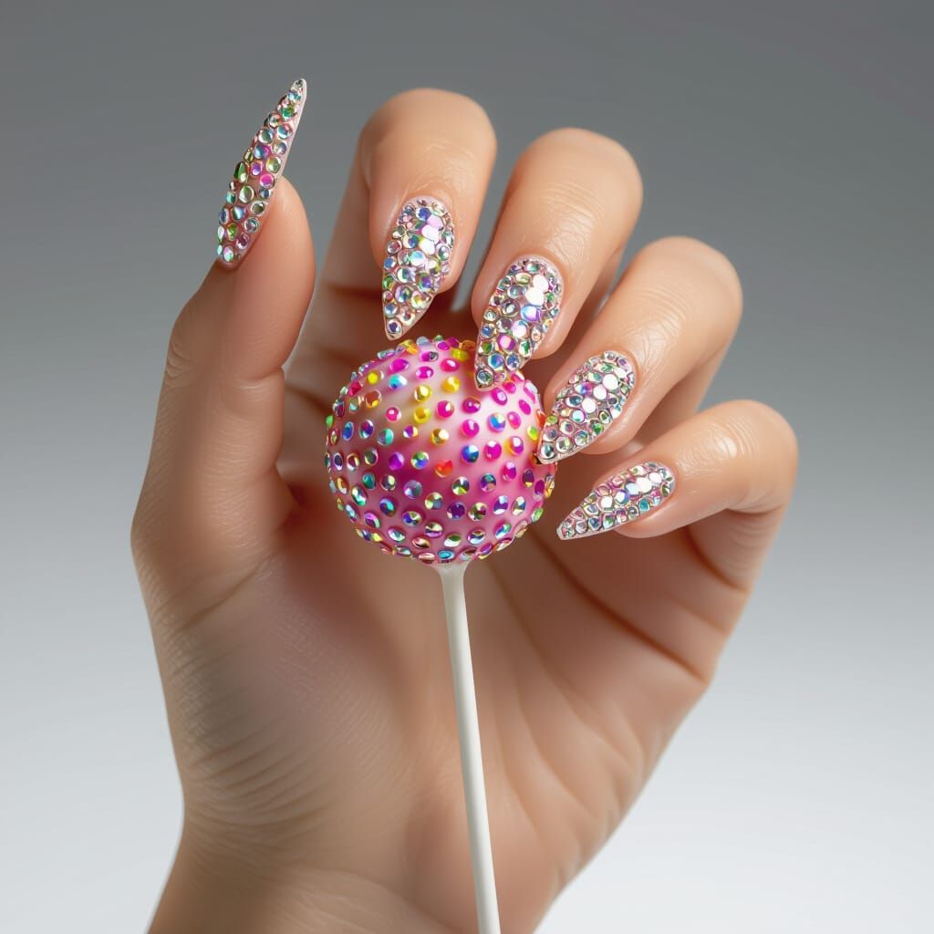 Hand With Rhinestone Nails Holds Cake Pop on White