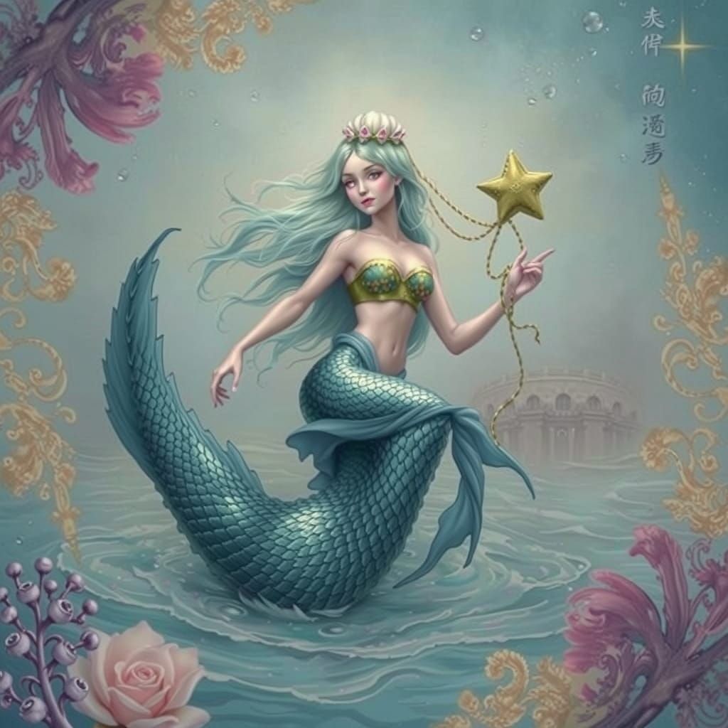 Dreamlike Mermaid Emerges from Vintage Card in Whimsical Art...