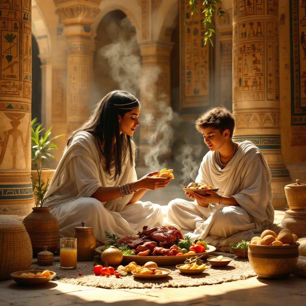 Ancient Egyptian Family Feast in Sunlit Courtyard