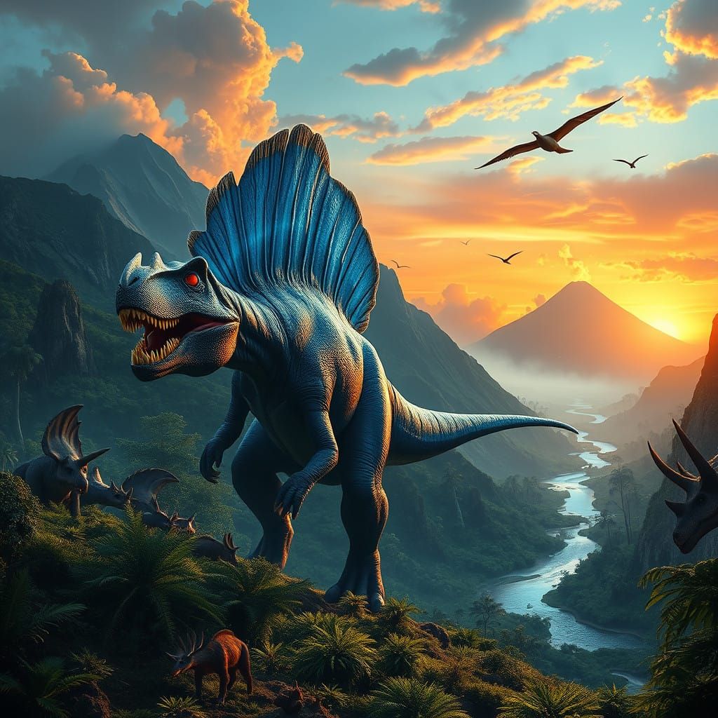Epic Prehistoric Valley with Spinosaurus and Volcanoes in Vi...