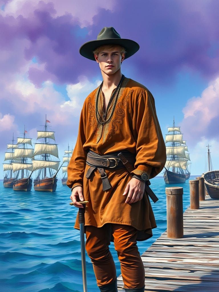 Rugged Sailor Stands on Weathered Pier, Sailing Ships in the...