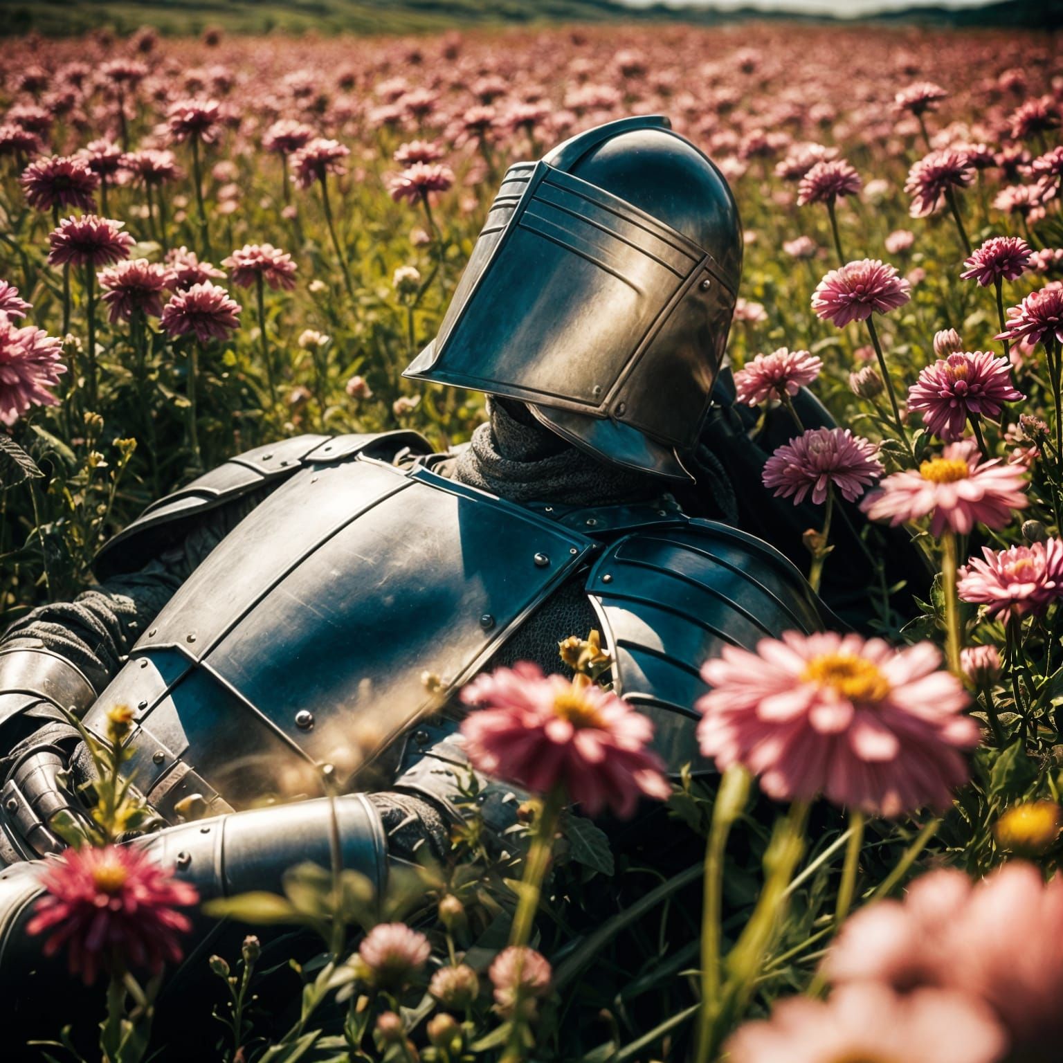 Knight in Flower Field: Cinematic Film Still