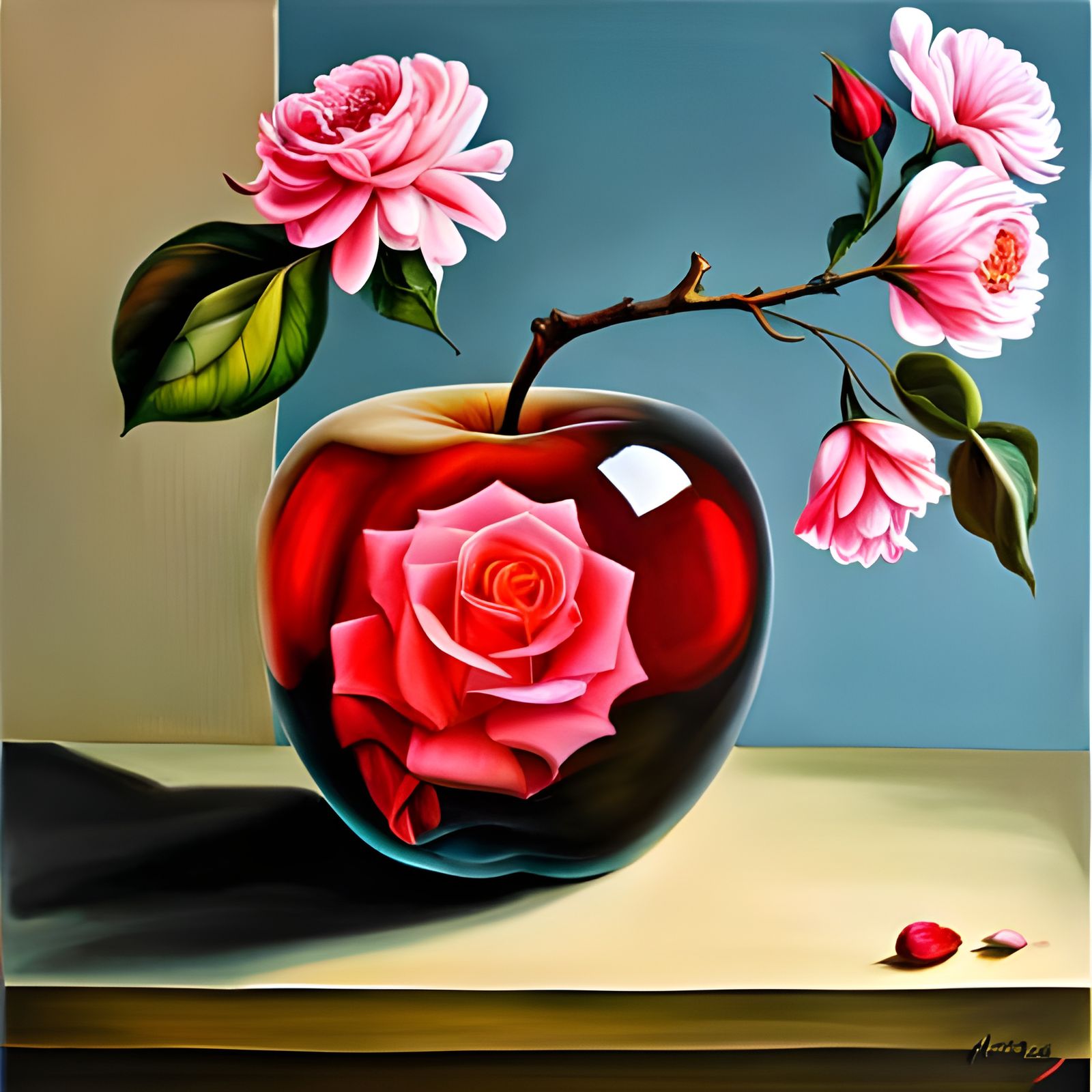 Surreal Glass Apple with Rose, Ornate Oil Painting